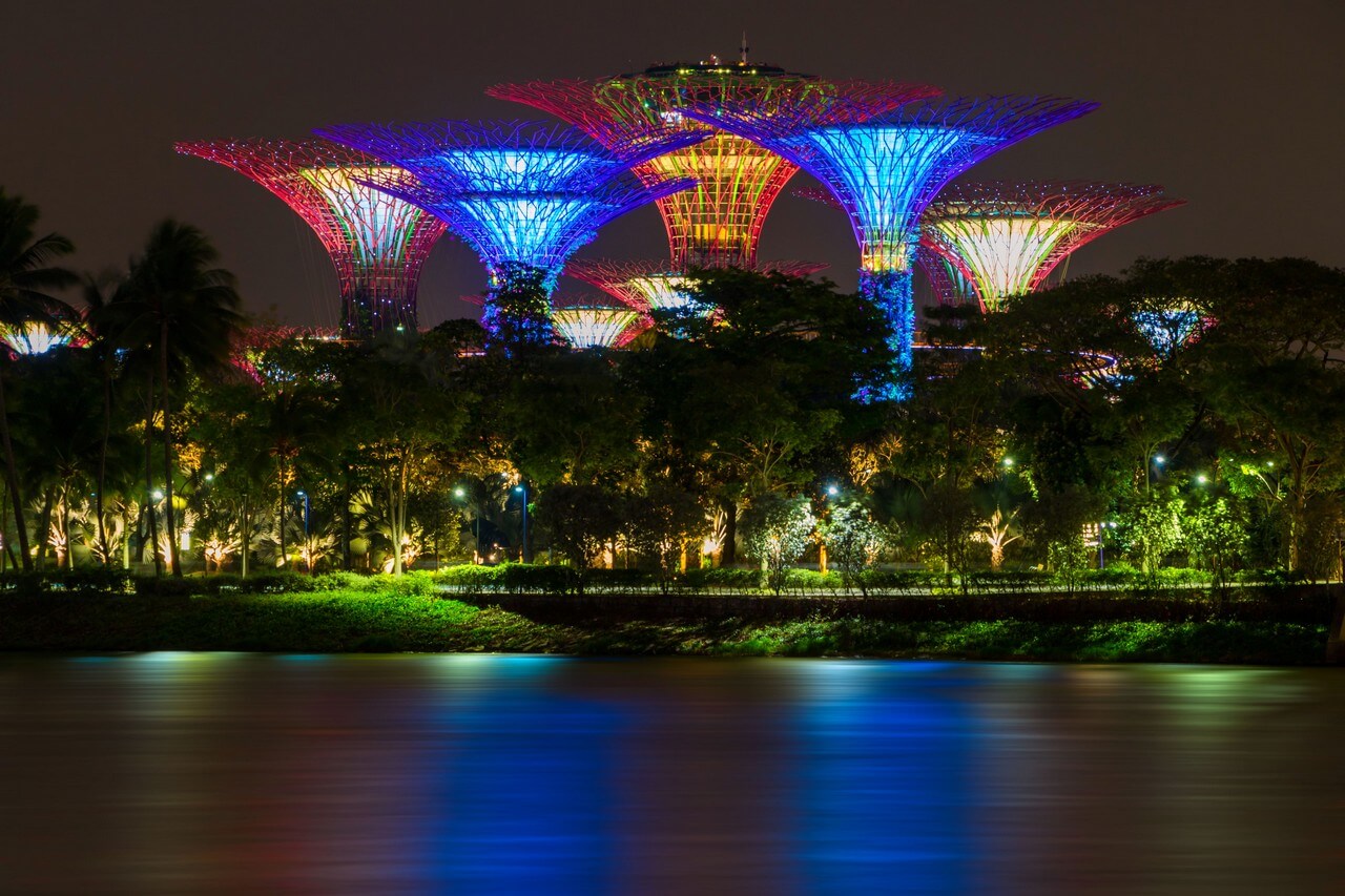 illuminated-trees-by-river-night-Singapore Tour Gardens by the Bay - Singapore Tour Packages