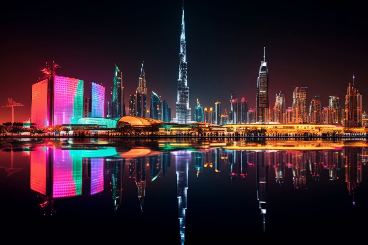 Panoramic-view-dubai-city-illuminated-neon-spectrum-Burj Khalifa